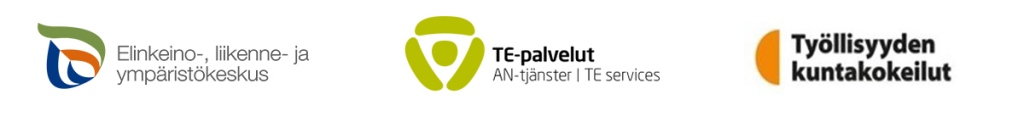 ELY-keskuksen, TE-palveluiden ja Työllisyyden kuntakokeilut -logot.